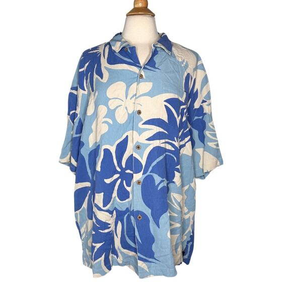 Tommy Bahama 100% Silk Blue Hawaiian Floral Button Down TShirt Lightweight B19 - Picture 1 of 8